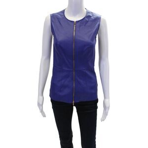 Cedric Charlier Womens Vegan Leather Zip Front Crew Neck Blouse Top Blue Size 4